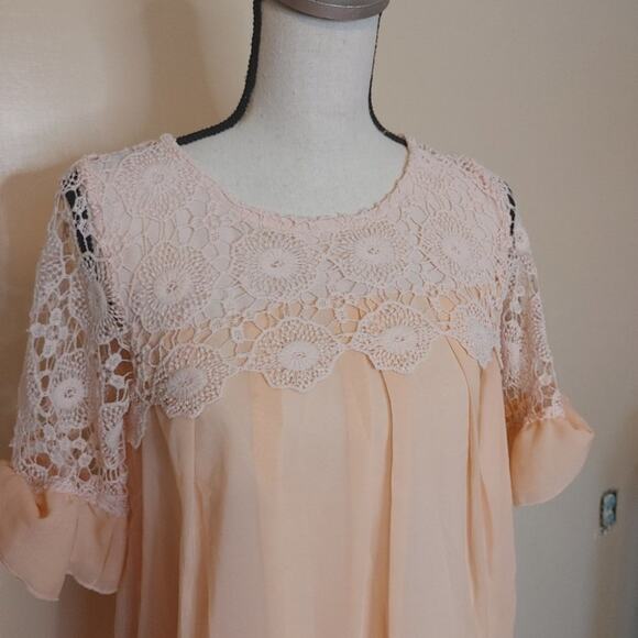 Simply Couture Pale Pink Blouse Size Medium M Lace Crocket Short Sleeve Sheer - Picture 15 of 15